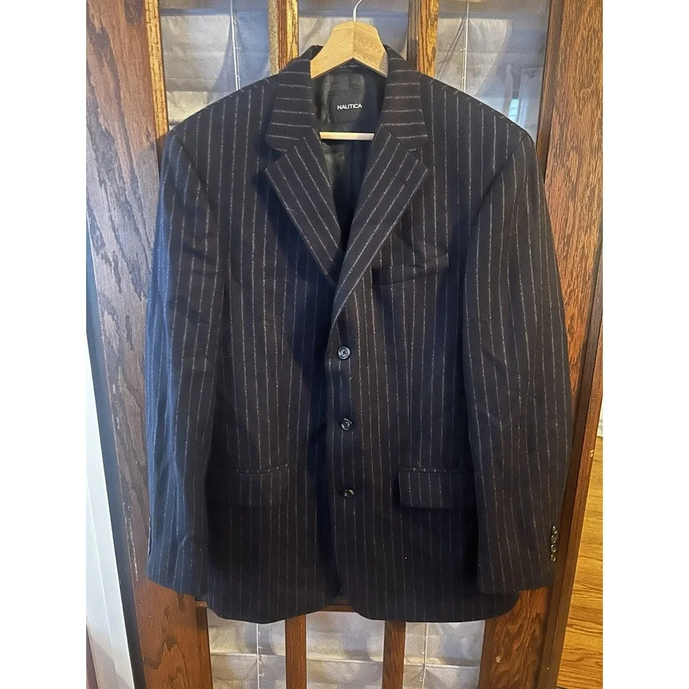 NAUTICA Men's Sz 40L Navy Pin Stripe 100% Wool Sport Coat Jacket Double Vented‎
